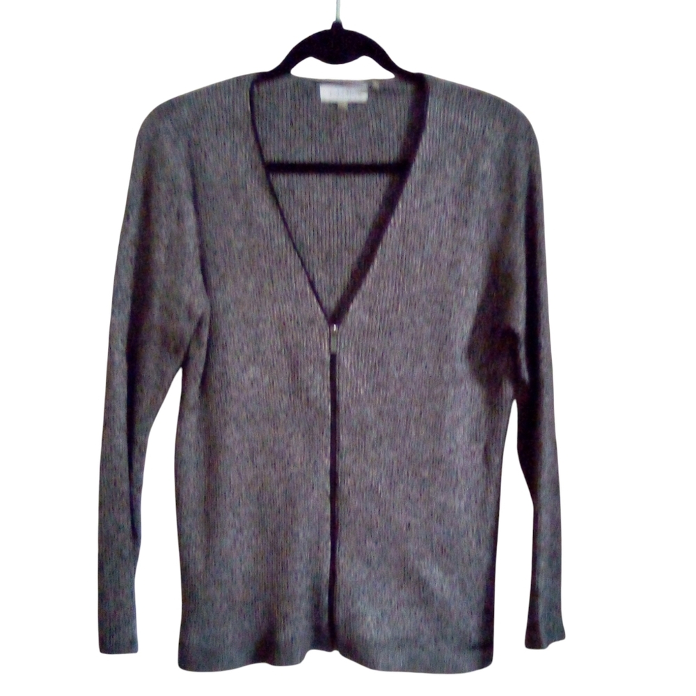 Calvin Klein Sweater Large Black Marled V Neck Zip Front Long Sleeves Stretch